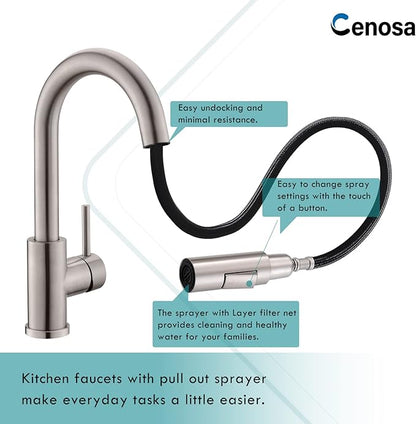 Modern Bar Sink Faucet for Kitchen Sink Single Handle with Pull Out Sprayer Hot and Cold Brushed Nickel CENOSA