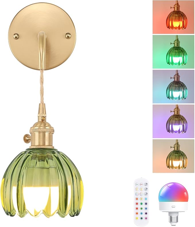 Shenmoyl Battery Operated Wall Sconce with Green Tulip Shade Pattern Glass Adjustable Chain Retro Gold Wall Mounted Light, Modern Wall Lamp Fixtures Decor for Bedside Bedroom Indoor Doorway