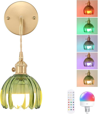 Shenmoyl Battery Operated Wall Sconce with Green Tulip Shade Pattern Glass Adjustable Chain Retro Gold Wall Mounted Light, Modern Wall Lamp Fixtures Decor for Bedside Bedroom Indoor Doorway