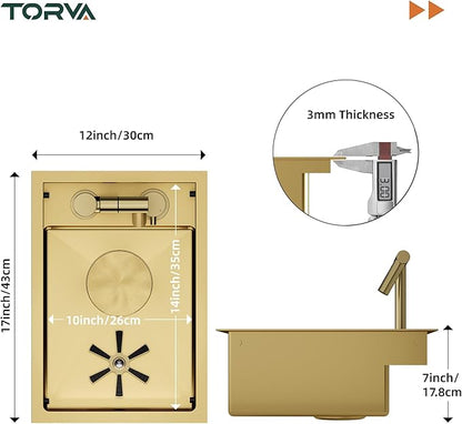 TORVA Gold RV Kitchen Sink, 12x17x7 Inch Compact Bar Sink, 16 Gauge T304 Stainless Steel Undermount Nano Coated Sink, Space-Saving Design for Camper Van, Boat, and Tiny Home