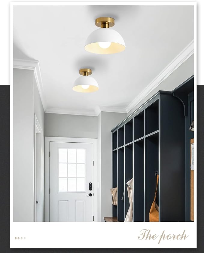 2-Pack Industrial Semi Flush Mount Ceiling Light with Gold Plate and White Shade, Farmhouse Ceiling Light Fixture for Kitchen Island Dining Room Foyer Hallway Porch Barn Loft，10in