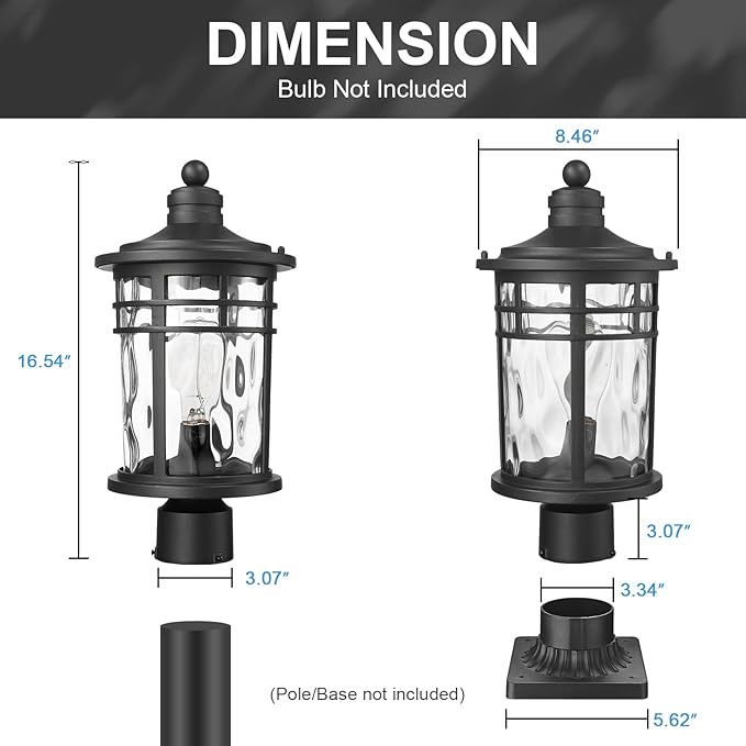 Darkaway 2 Pack Large Outdoor Post Lights Lamp Posts Outdoor Lighting, 17inch Aluminum Post Lights Outdoor Light Fixtures with Water Ripple Glass for Patio Yard Garden