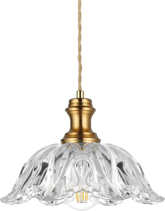 Gold Glass Pendant Lights, 10.6" 1-Light Vintage Hanging Light Fixtures with Flower Clear Glass, Antique Brushed Brass Pendant Lighting for Kitchen Island Sink Dining Room