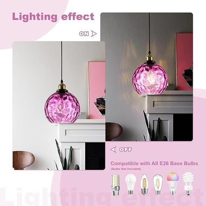 Purple Hanging Lights Plug in Pendant Lights Handblown Glsss Chandelier Plug in Light with Ceiling, Purple Glass Pendant Light for Kitchen Island, Dining Room, E26, No Bulb, 2 Pack