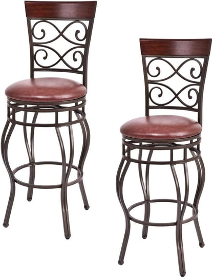 WATERJOY Retro Bar Chairs Set of 2, 360 Degree Swivel Padded Bar Stools Leather Seat Bistro Dining Kitchen Pub Metal Chairs