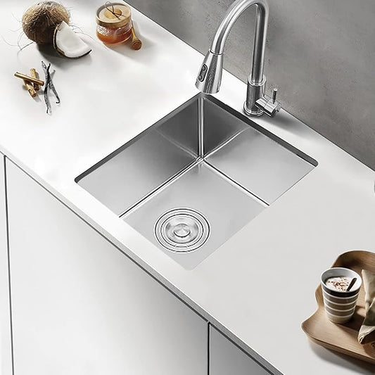 Hotis Bar Sink Undermount, 13 X 15 Inch Brush Nickel Small Rv Kitchen Sink, Stainless Steel Handmade Single Bowl Outdoor Wet Bar Prep Sink With Strainer