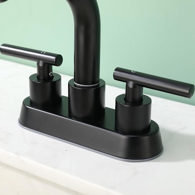 TUTEW Bathroom Sink Faucet 3 Hole Matte Black 4 Inch Centerset，4 Modes Waterfall Bathroom Faucet 2 Handle with 360° Swivel Spout & Pop Up Drain