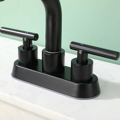 TUTEW Bathroom Sink Faucet 3 Hole Matte Black 4 Inch Centerset，4 Modes Waterfall Bathroom Faucet 2 Handle with 360° Swivel Spout & Pop Up Drain