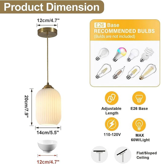 Milk Glass Cylinder Pendant Lights Kitchen Island Small Ribbed Hanging Light Brass Gold Pendant Lighting Fixtures Mid Century Modern Vintage Hanging Lamp (2 Pack)