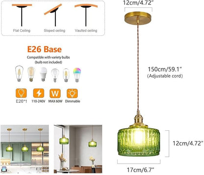 Lighting Green Pendant Light Mid Century Modern Hanging Light with Green Striped Glass Shade Vintage Kitchen Island Pendant Lights Gold Ceiling Pendant Light for Dining Room Bedroom