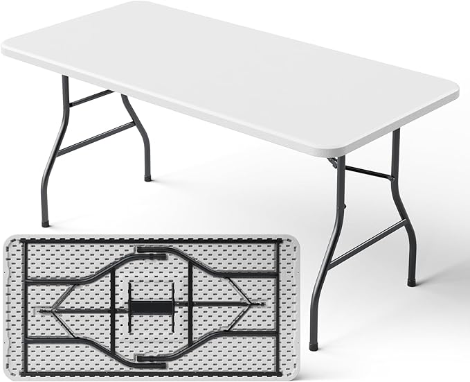 5ft Folding Table, Heavy Duty Plastic Card Table with Foldable Steel Legs, Metal Frame Support up to 500 lb, Portable for Indoor, Outdoor, Picnic, Camping, Dining, Party, White