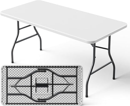 5ft Folding Table, Heavy Duty Plastic Card Table with Foldable Steel Legs, Metal Frame Support up to 500 lb, Portable for Indoor, Outdoor, Picnic, Camping, Dining, Party, White