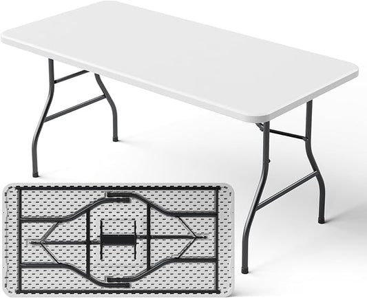 5ft Folding Table, Heavy Duty Plastic Card Table with Foldable Steel Legs, Metal Frame Support up to 500 lb, Portable for Indoor, Outdoor, Picnic, Camping, Dining, Party, White