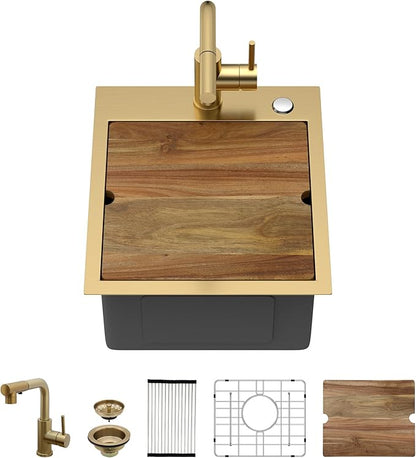 Gold Bar Sink With Faucet Drop In Bar Sinks 15x17 Inch Stainless Steel Indoor Outdoor Kitchen Workstation16 Gauge Single Bowl Small Sinks With Pull-out Faucet 15"x17"x9"