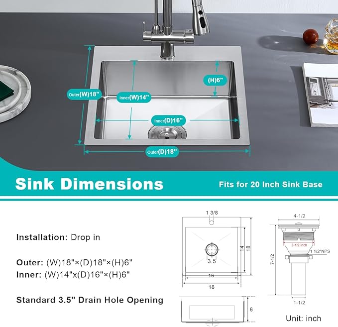 18x18 inch Drop in Kitchen Sink Brushed - TSIBOMU 304 Stainless Steel Small Single Bowl Kitchen Sink with X-Shape Drain Groove, 6" Deep Bar Sink for Compact Kitchen & Wet Bar