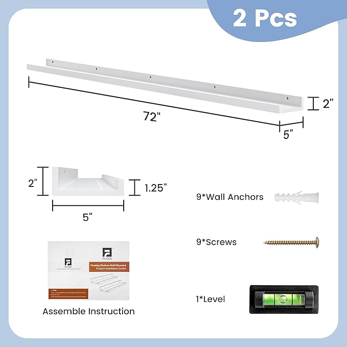 FLYJOE Picture Ledge Shelf, Floating Shelves Set of 2, Solid Ash Wood 72'' Long Large Nursery Book Shelves for Toys Storage, Kids Bookshelf for Living Room Bedroom Decor Books Photo Frames, White