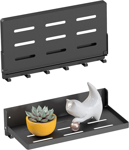Small Folding Wall Shelf with Hooks, Wall Mounted 2 Folding Metal Shelves, Fold Up 90° and 6 Hooks, Practical Wall Shelf for Rv, Utility Room, Laundry Room, Garage, Black（11.8", 2 Pack）