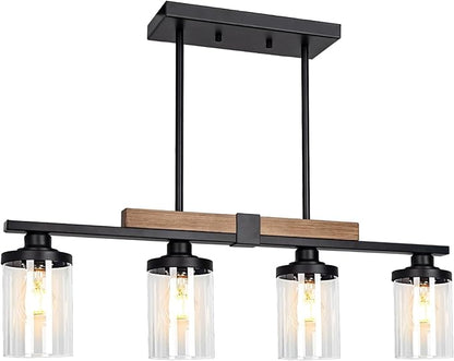 Dining Room Light Fixture Over Table, Farmhouse 4-Light Kitchen Island Lighting, Modern Wood Chandelier with Adjustable Height, Large Industrial Black Pendant Lights Ceiling Hanging for Living Room
