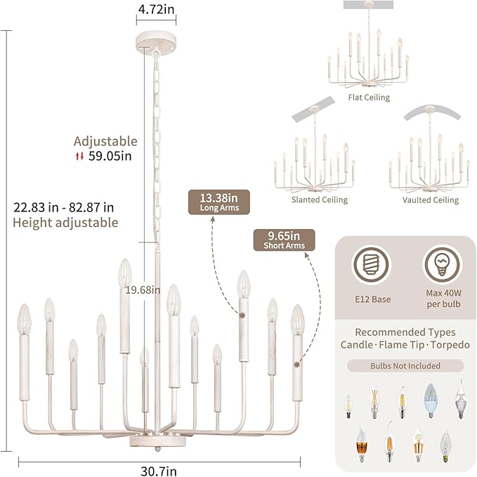 French Country Chandelier, 12-Light White Farmhouse Chandeliers for Dining Room, Classic Candle Ceiling Pendant Light Fixture for Living Room, Foyer, Kitchen Island, Bedroom, Entryway