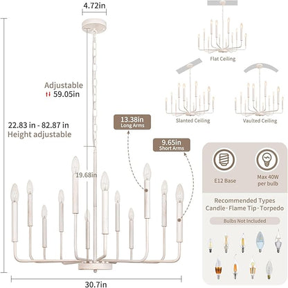 French Country Chandelier, 12-Light White Farmhouse Chandeliers for Dining Room, Classic Candle Ceiling Pendant Light Fixture for Living Room, Foyer, Kitchen Island, Bedroom, Entryway