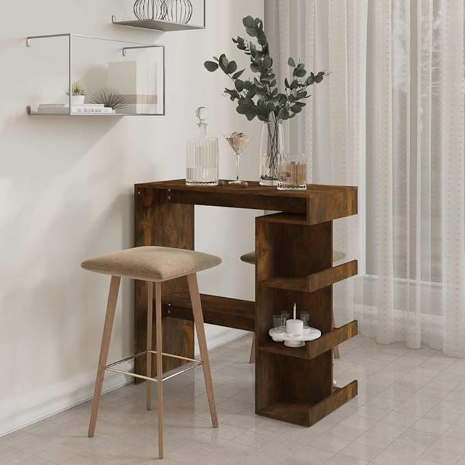 Smoked Oak Bar Table with Storage Rack, 40 Inch Height Dining Table for Kitchen, Living Room, and Breakfast Nook