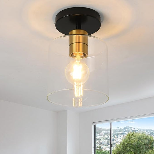 Black Brass Semi Flush Mount Ceiling Light,Modern Farmhouse Ceiling Light Fixture for Closet Entryway,Hallway Light Fixture 5.9in Clear Glass Shade 2 Pack