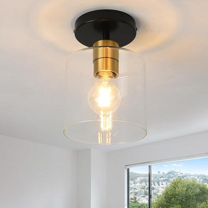 Black Brass Semi Flush Mount Ceiling Light,Modern Farmhouse Ceiling Light Fixture for Closet Entryway,Hallway Light Fixture 5.9in Clear Glass Shade 1 Pack