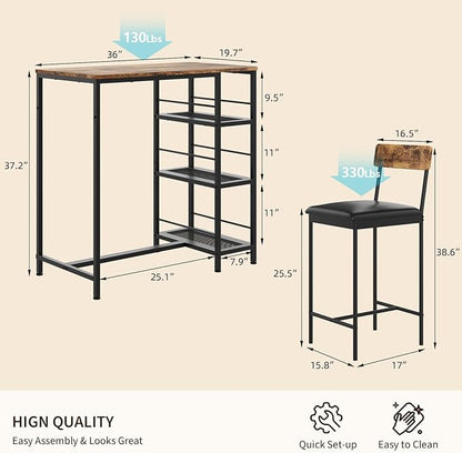 3-Piece Modern Dining Set, Dining Table Set with 2 Upholstered Bar Stools,Bar Table Set w/ Metal Frame&Built-in Wine Rack for Kitchen Dining Room Apartment Breakfast Nook 36"Lx 16.7"W x 37.2"H Retro
