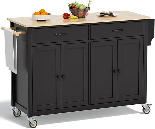 Rovibek Rolling Kitchen Island on Wheels Large Portable Mobile Moveable Islands Wood with Storage Drawers Cabinet Spice Rack Towel Rack for Kitchen Dining Room Jet Black