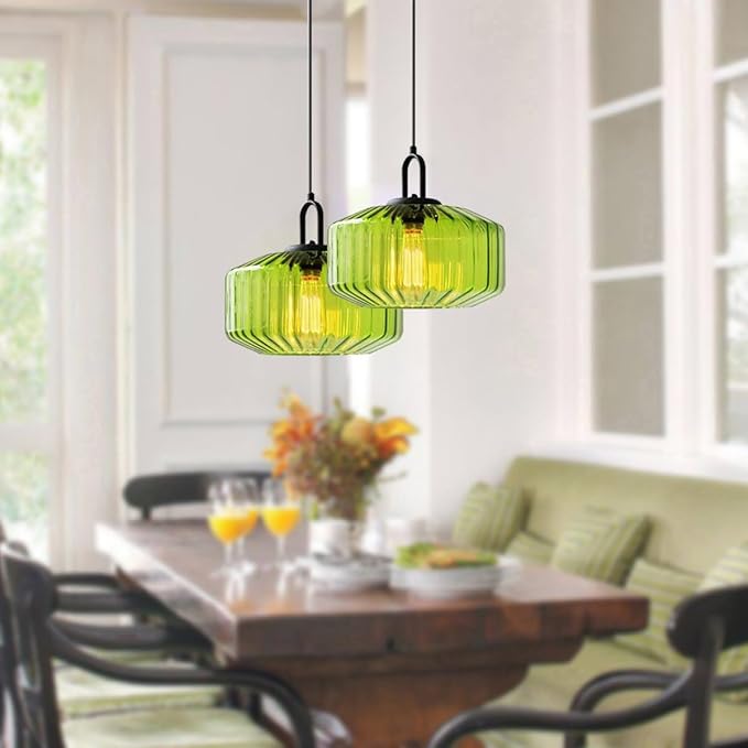 Green Glass Pendant Light Fixture Modern Hand Blown Pendant Lights with Large Glass Shade, Mid Century Pendant Light Green Globe Hanging Lighting for Dining Bedroom Table Kitchen Island