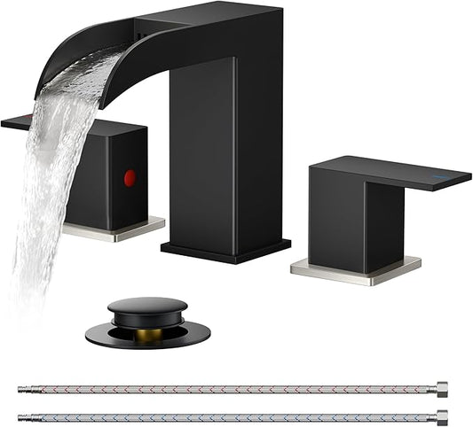 FORIOUS Square Black and Brushed Nickel Bathroom Faucets 3 Hole, Waterfall 8 Inch Widespread Bathroom Sink Faucet with Metal Pop-up Drain and Supply Lines, Two Handles for Vanity, Laundry Room, Basin