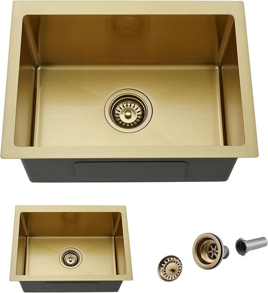 Gold Undermount Kitchen Sink, 22x16 Gold Kitchen Sink Undermount Utility Sinks Stainless Steel 18 Gauge Single Bowl Wet Bar Sinks with Basket Strainer