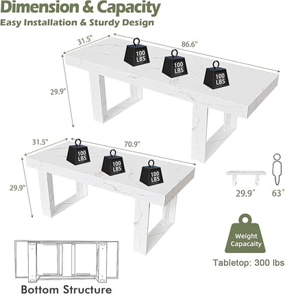 STHOUYN White Marble Extendable Dining Room Table for 8 10, 70.9" (86.6") x 31.5", Rectangle Dinner Table for 6-10, Modern Expandable Retractable Kitchen Table (White)