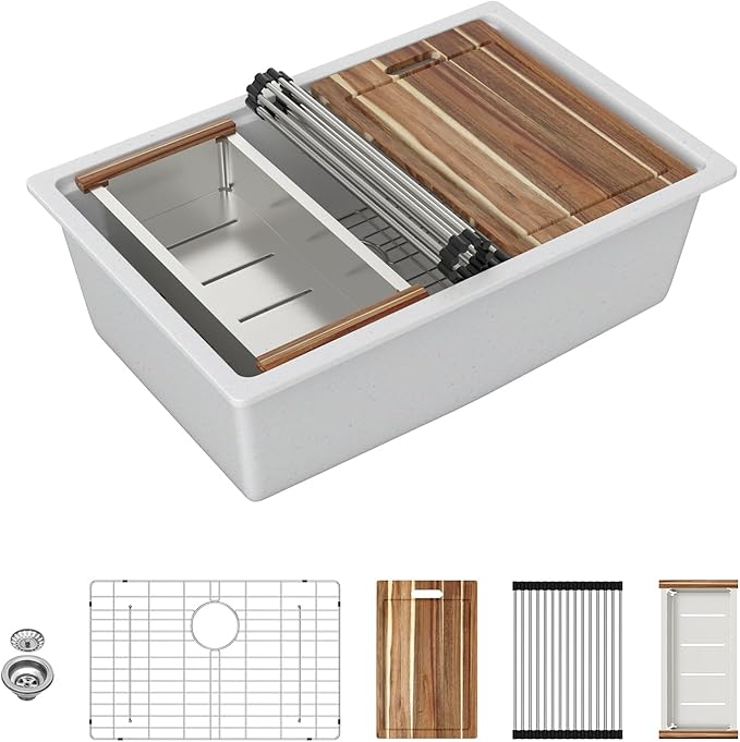 Sarlai 28 Granite Composite Kitchen Sink - 28 x 19 Inch Granite Undermount Kitchen Sink Ledge Workstation Under-Mount White Quartz Classic Single Bowl Sinks Under Counter Basin With Accessories