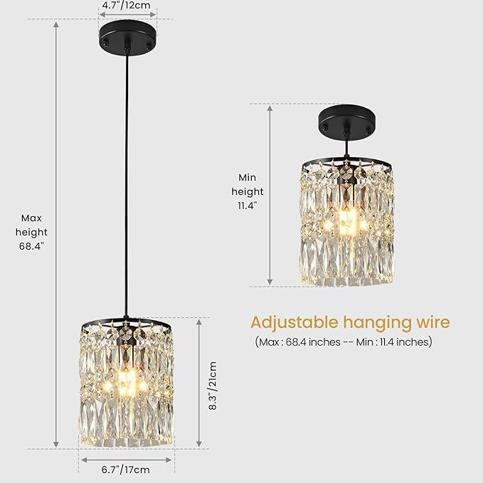 1-Light Crystal Pendant Lighting Modern Black Chandelier for Bedroom Adjustable Kitchen Island Lighting Unique Ceiling Lights Fixtures for Living Room Entrance Hallway
