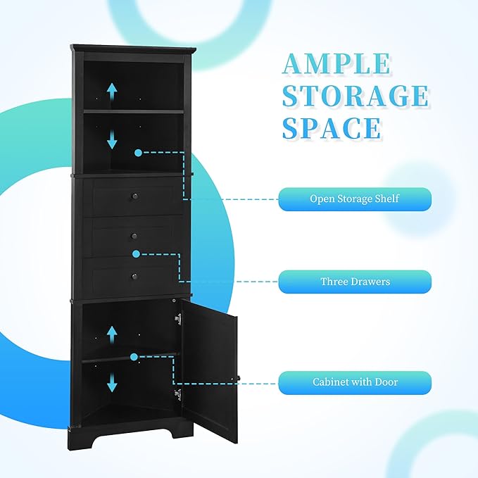Storage Corner Cabinet with 3 Drawers and Door, Tall Line Pantry Home Space Saver for Bathroom, Living Room, Kitchen, Adjustable Shelf, Black
