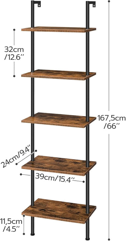 HOOBRO DIY Ladder Shelf, 5-Tier Wooden Wall Mounted Bookshelf, Narrow Bookcase, Display Shelf, Storage Rack, Plant Stand, for Living Room, Bedroom, Study, Balcony, Rustic Brown and Black BF531CJ01