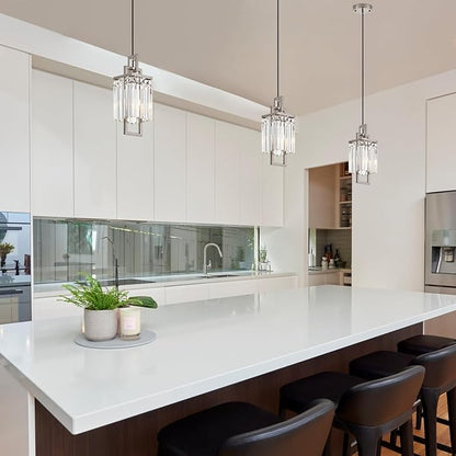 Modern Brushed Nickel Pendant Light Fixture for Kitchen Island and Dining Room, Industrial Small Hanging Crystal Chandelier Light Fixture for Bedroom Entryway Living room Foyer Hallway 3-Pack