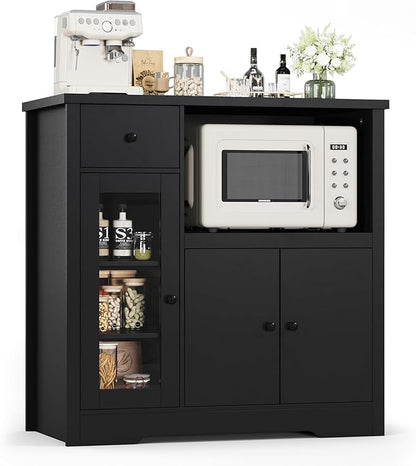 Storage Cabinet with Adjustable Shelves & Microwave Stand, Buffet Sideboard with Drawer, Single and Double Doors for Kitchen, Dining Room, Black