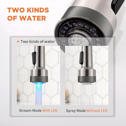 LED Light Kitchen Faucet with Pull Down Sprayer Sus304 Stainless Steel Industrial Single Handle Faucet for Farmhouse Camper Laundry Utility Rv Wet Bar Sinks Brushed Nickel 9003SN