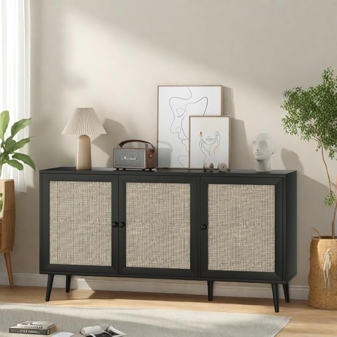 FONTOI Rattan Entryway Table, Entertainment Center with Adjustable Shelf, Sideboard Buffet Cabinet with 3 Rattan Doors, Modern Console Cabinet with Large Storage for Living Room, Kitchen, Black