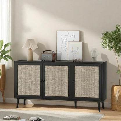 FONTOI Rattan Entryway Table, Entertainment Center with Adjustable Shelf, Sideboard Buffet Cabinet with 3 Rattan Doors, Modern Console Cabinet with Large Storage for Living Room, Kitchen, Black