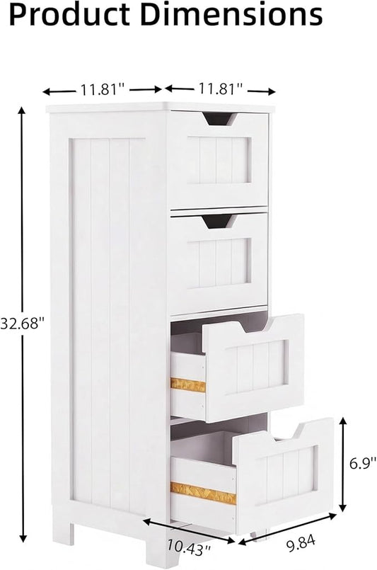 Casaphoria Skinny Bathroom Floor Storage Cabinet, 4-Drawer Narrow Freestanding Tower Cabinet with Anti-Tip Kit, Space-Saving Wooden Organizer for Small Spaces, White