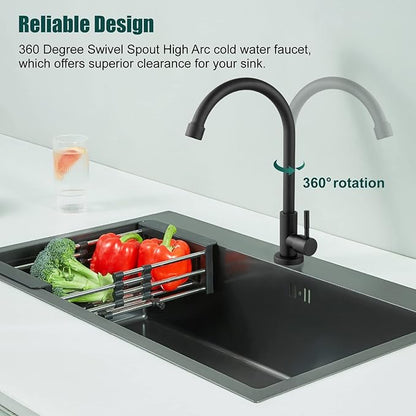 Heyalan Matte Black Cold Water Only Kitchen Faucet SUS304 Sink Faucets High Arc Gooseneck 360 Degree Rotation Spout Basin Tap with Longer Thread Pipe