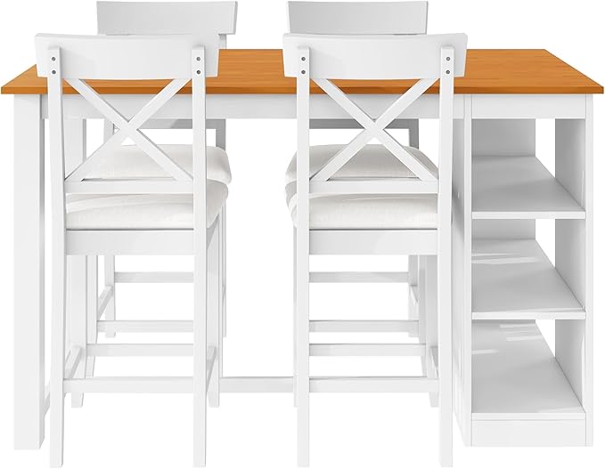 Farmhouse 5-Piece Counter Height Dining Table Set, 2-Tone Rectangular Dining Table with 3-Tier Storage Shelves and Upholstered Dining Chairs, Solid Wood Kitchen Dining Room Set for 4 (Natural/White)