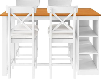 Farmhouse 5-Piece Counter Height Dining Table Set, 2-Tone Rectangular Dining Table with 3-Tier Storage Shelves and Upholstered Dining Chairs, Solid Wood Kitchen Dining Room Set for 4 (Natural/White)
