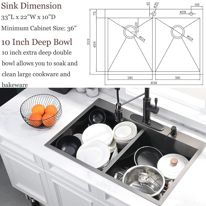 33 Inch Black Double Bowl Drop In Kitchen Sink-Bokaiya 33x22 Drop In Kitchen Sink 50/50 Double Bowl 16 Gauge Deep Low Divided Stainless Steel Basin with Roll Up Rack