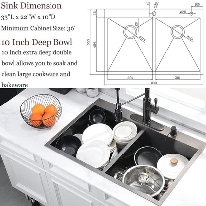 33 Inch Black Double Bowl Drop In Kitchen Sink-Bokaiya 33x22 Drop In Kitchen Sink 50/50 Double Bowl 16 Gauge Deep Low Divided Stainless Steel Basin with Roll Up Rack