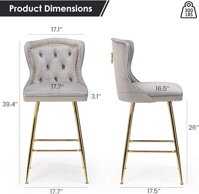 Luxurious Velvet Counter Height Bar Stools Set of 2 with Metal Legs, Button Tufted, Nailheads Trim, Wing-Back Bar Chairs for Kitchen Island Dining Room Pub(Gray)