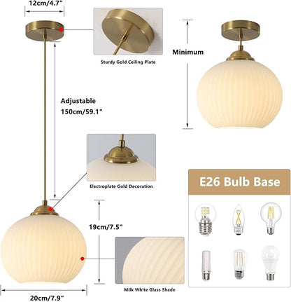 KCO Lighting Mid Century Modern Globe Pendant Light Ribbed Glass Ceiling Light Gold Hanging Light Fixtures Antique Brass Kitchen Island Pendant Lights Round Pendant Light Fixture (2 Pack)
